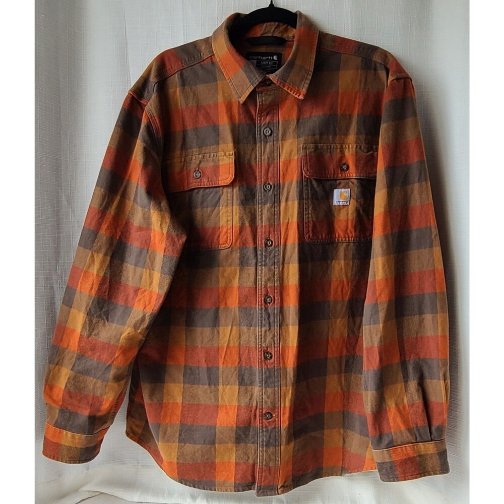 Carhartt Flannel Shirt Mens Large Loose Fit Plaid Orange Brown Heavy Workwear L
